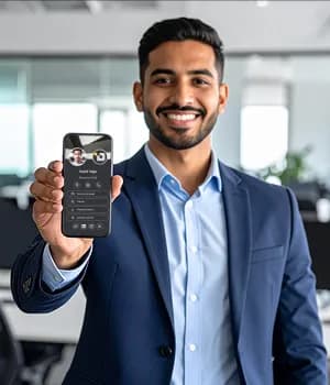 Mann zeigt eine IDQR-Visitenkarte auf einem Smartphone