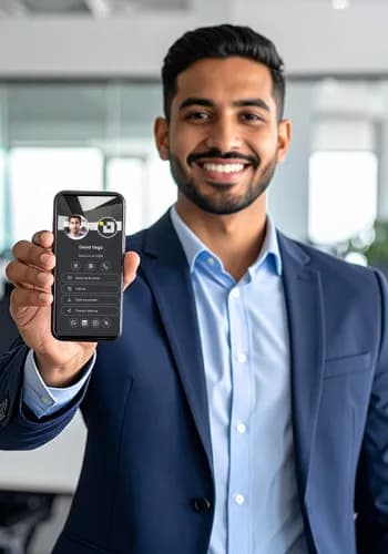 Person teilt eine digitale Visitenkarte über ein Smartphone